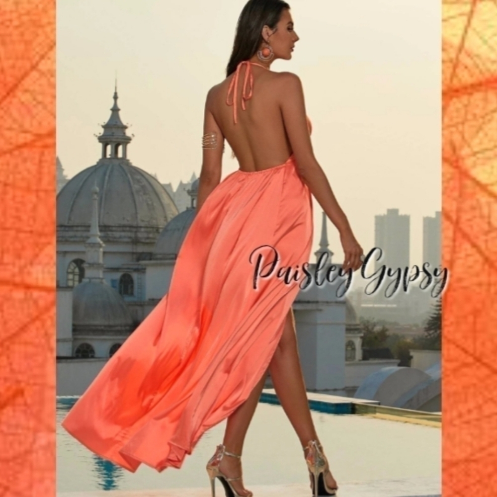 High Fashion Glamorous Spaghetti Strap A Line Formal Gown in Coral Orange - Picture 2 of 9